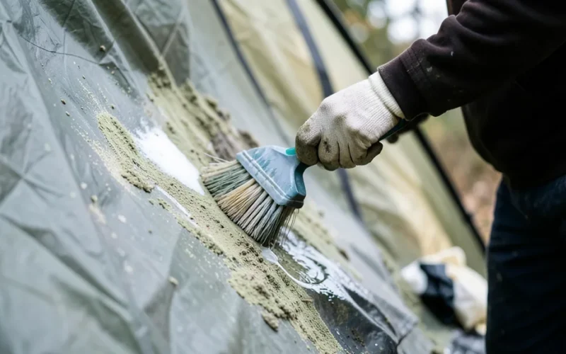 a person cleaning mold off a tent with a brush and cleaning solution