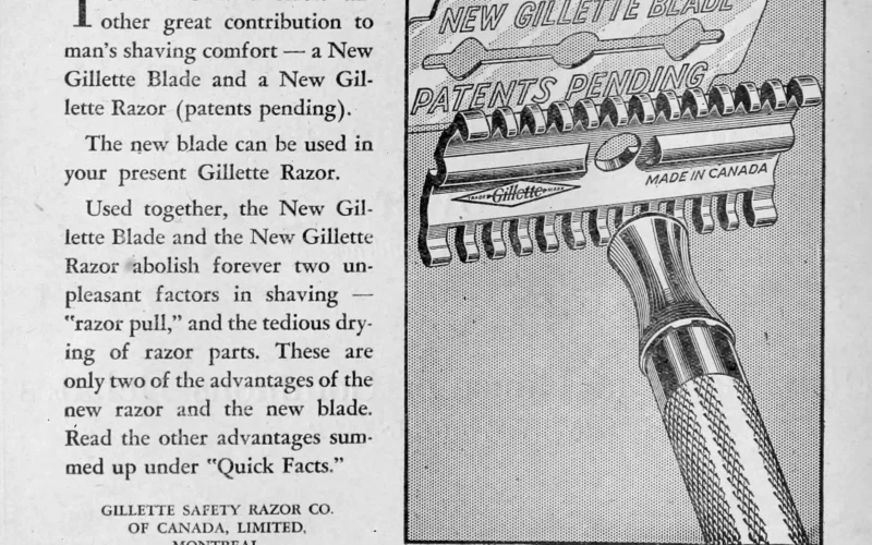 1930 advertisement for the Gillette New razor and Gillette New blade.