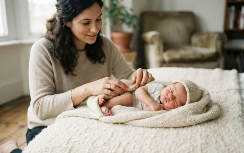 a parent gently posing a newborn baby on a soft blanket