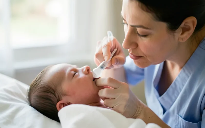 a caregiver cleaning a newborn's nose with a bulb syringe or saline