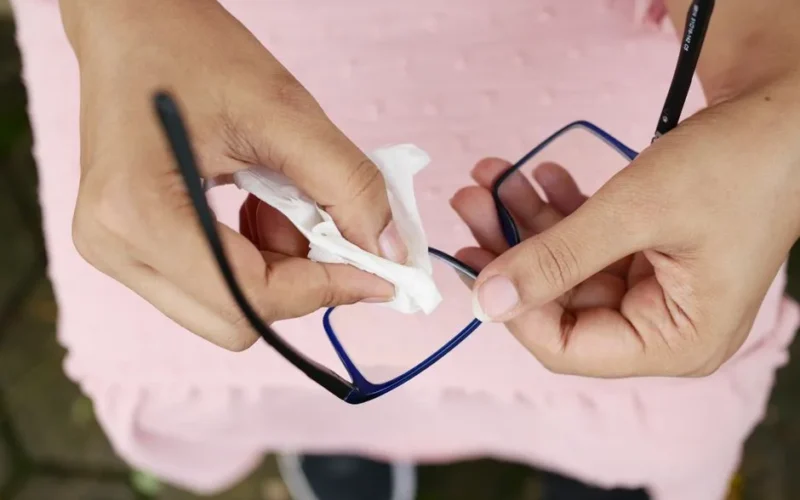 A detailed shot of hands gently cleaning eyeglass lenses with a cloth outdoors.