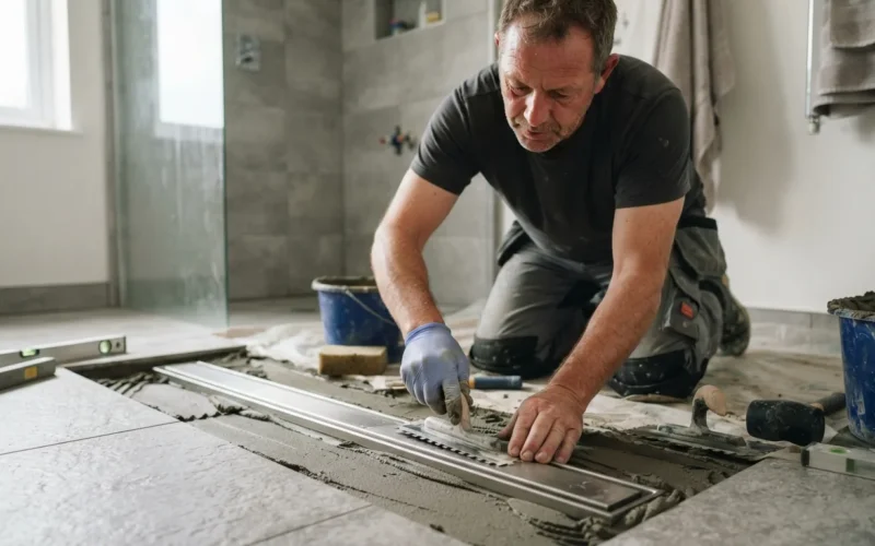 a bathroom tiler installing a linear drain in a shower floor