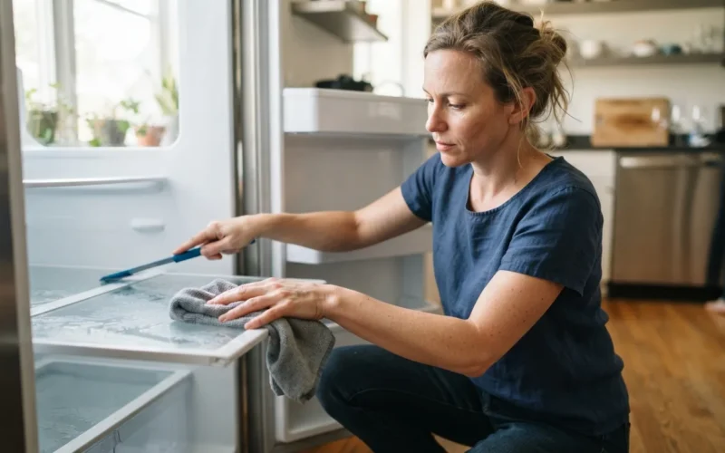 a person cleaning a refrigerator with a cloth and tool
