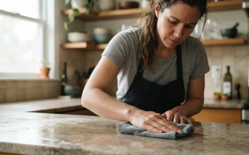 a person applying a coating to a kitchen countertop