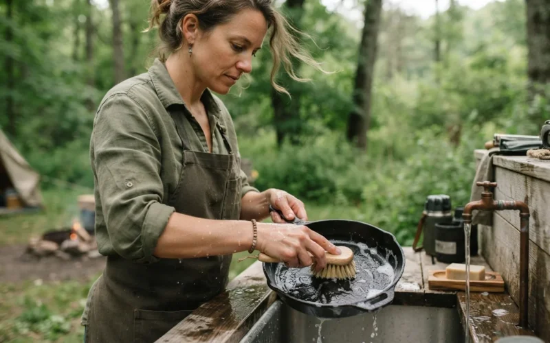 a person cleaning a frying pan outdoors