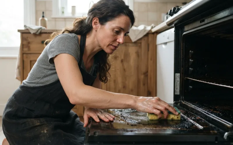 a woman cleaning an oven with a sponge