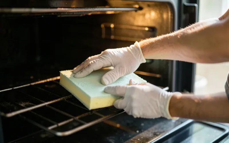 a person cleaning the inside of an oven with a tablet or sponge