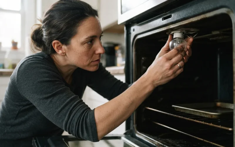 a person removing a light fixture inside an oven