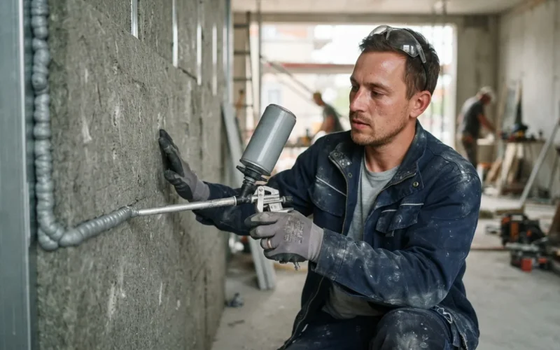 a worker applying foam adhesive to a large insulation panel