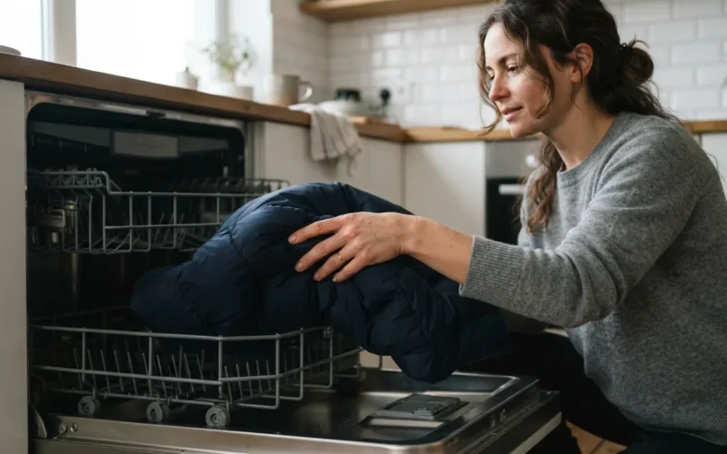 a person placing a jacket into a dishwasher