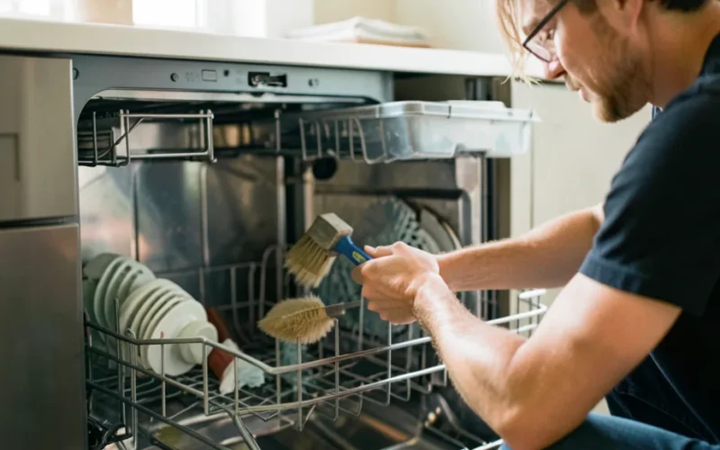 a person cleaning or inspecting the interior of a dishwasher