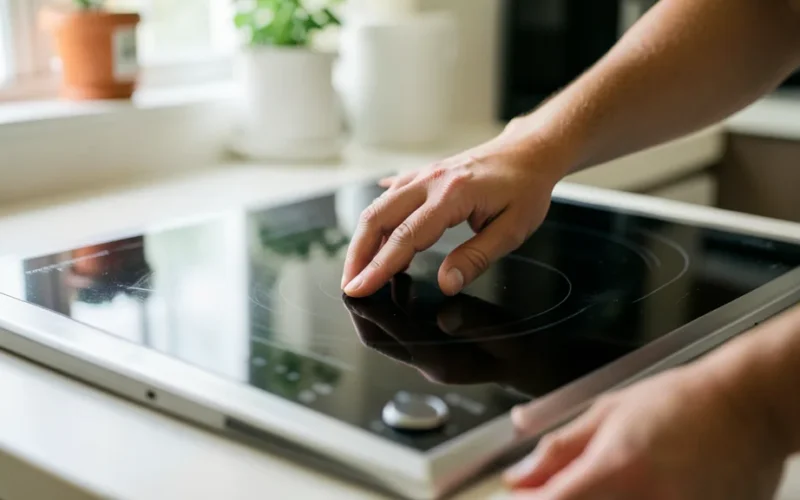 a person cleaning an induction cooktop surface