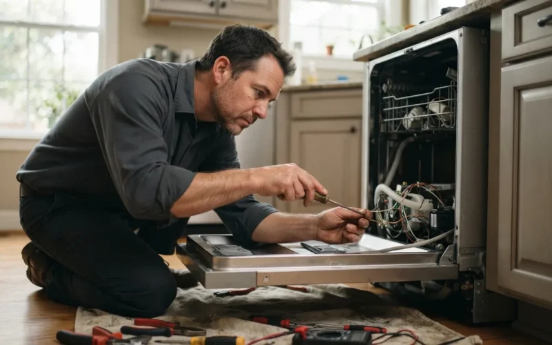 a person repairing a dishwasher with tools