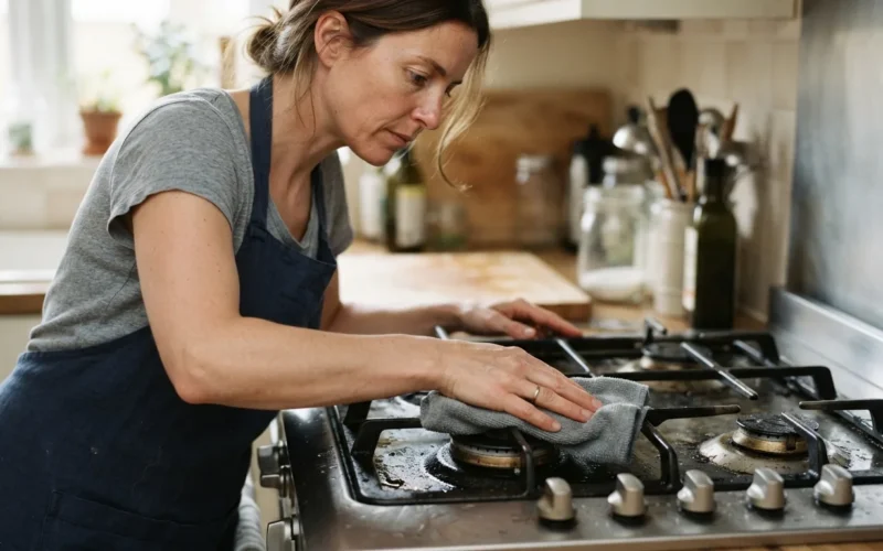 a person cleaning a kitchen gas stove