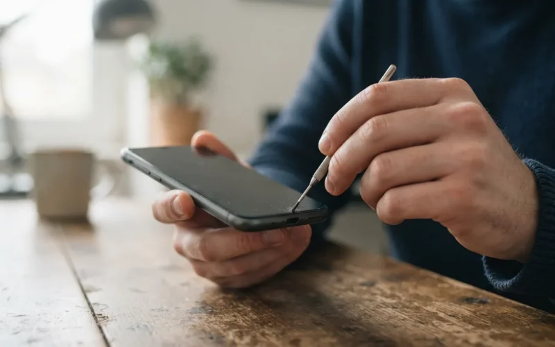 a person cleaning a smartphone charging port with a small tool