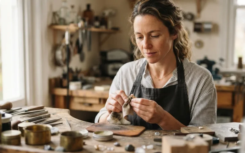 a woman polishing jewelry at a table