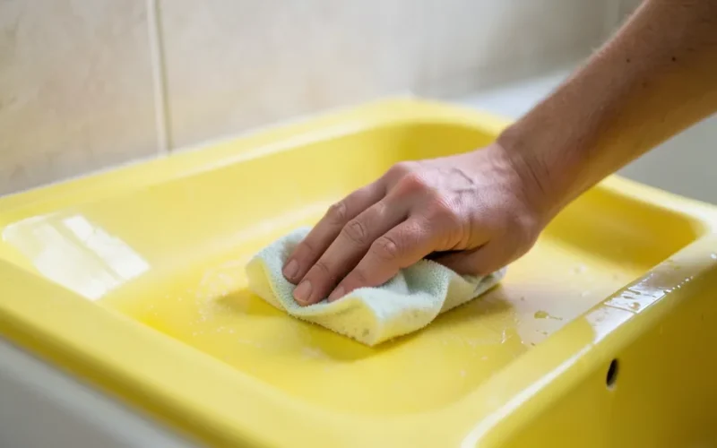 a person cleaning a yellowed acrylic shower tray with sponge or cloth