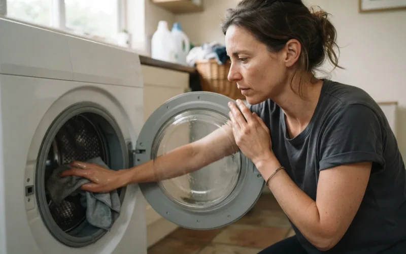 a person cleaning the inside of a washing machine