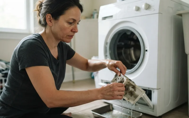 a person removing a filter from a washing machine