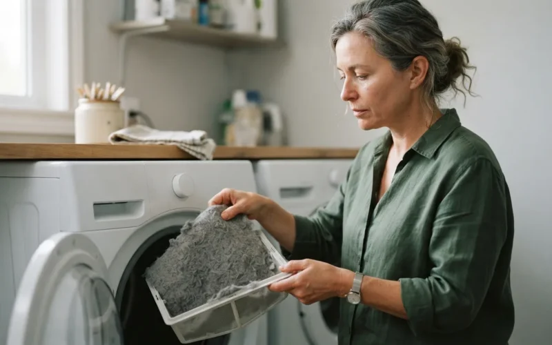 a person cleaning the lint filter of a clothes dryer