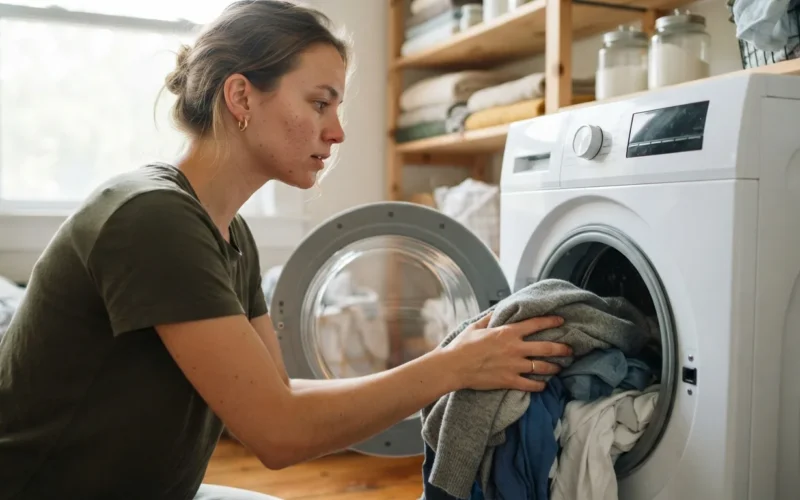 a person loading clothes into a modern washing machine