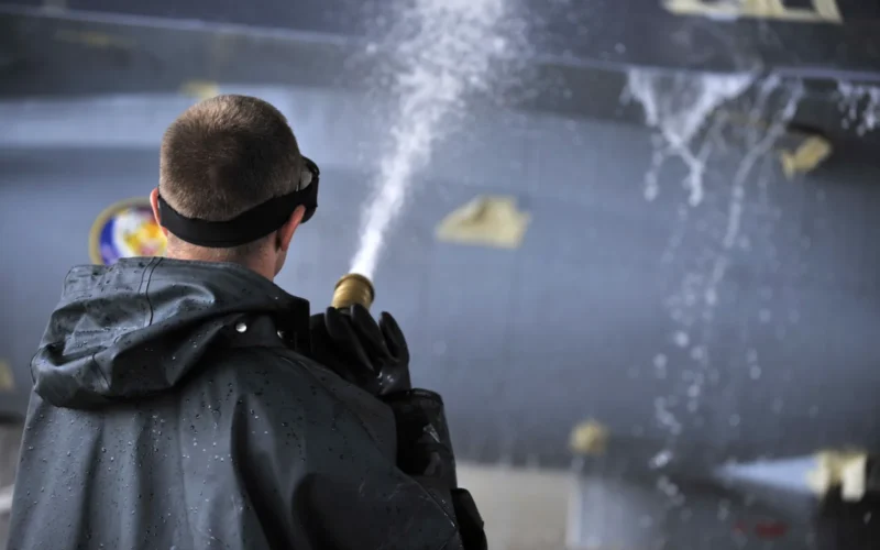 U.S. Air Force Senior Airman Brad Pippin, 20th Aircraft Maintenance Squadron tactical aircraft maintainer, hoses down an F-16 Fighting Falcon during a routine cleaning, Shaw Air Force Base, S.C., Oct. 28, 2013. Pippin hosed off the soap after the jet was scrubbed from top to bottom. (U.S. Air Force photo by Airman 1st Class Jensen Stidham/Released) Unit: 20th Fighter Wing Public Affairs