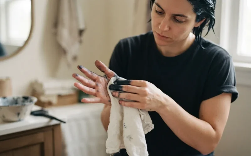 a person wiping hair dye off their hand with a cloth