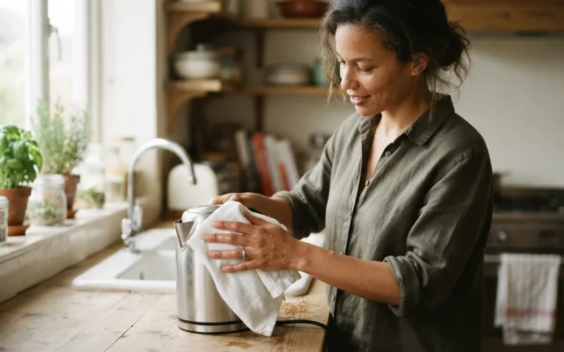 a person cleaning a kettle in a kitchen