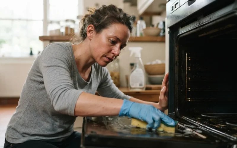 a person cleaning the inside of an oven with a sponge