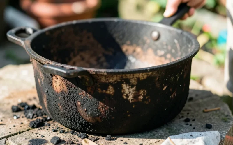 a burnt or dirty pot being cleaned on the outside