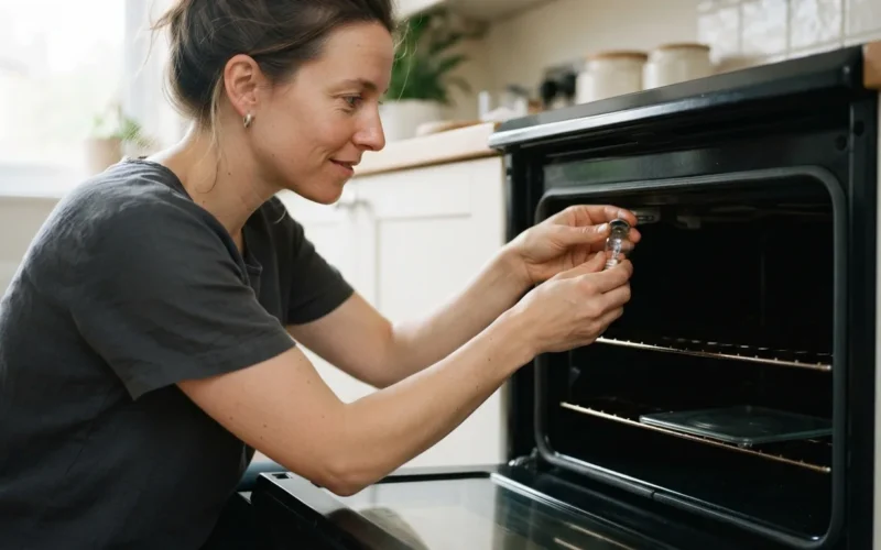 a person replacing an oven light bulb