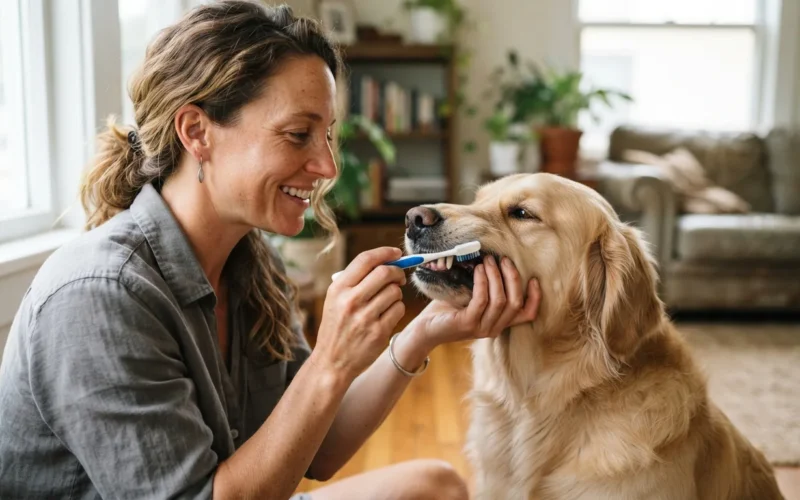 a person brushing a dog's teeth