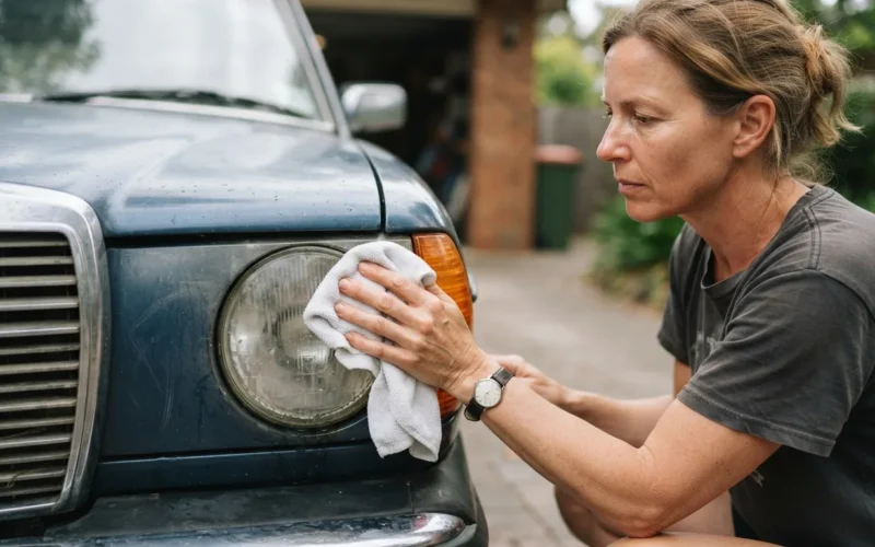a person cleaning a car headlight