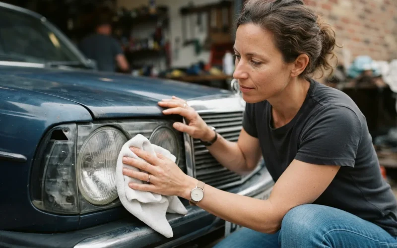a person cleaning a car headlight