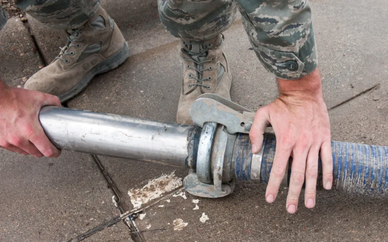 Senior Airman Joshua Peterson, 28th Civil Engineer Squadron water and fuels systems technician, attaches a nozzle to a hard wall hose during maintenance at Ellsworth Air Force Base, S.D., June 27, 2012. The hose is used to vacuum out debris such as leaves and garbage to prevent the sewer system from being clogged. (U.S. Air Force photo by Airman 1st Class Alystria Maurer)