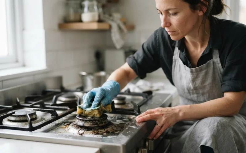 a person cleaning a gas stove burner with a sponge