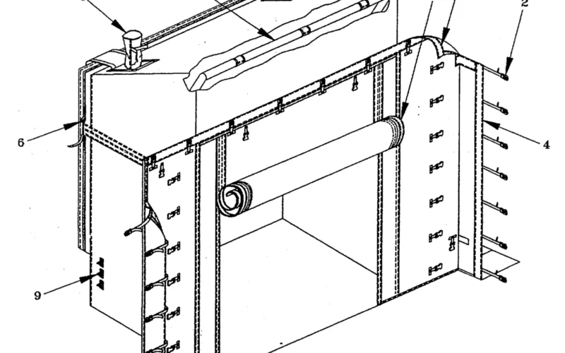 Bootwall for connecting a Type II MCPS tent to a rigid wall shelter (RWS). (1) Polyester bootwall (2) Quick-release fasteners (3) Hook and loop (velcro) fastener tapes (4) Bootwall end panel (5) Roll-up fabric door (6) Adjustable RWS belly band (7) U-frame (rigid) (8) Antenna sleeves (9) Securing loops for attaching guy lines