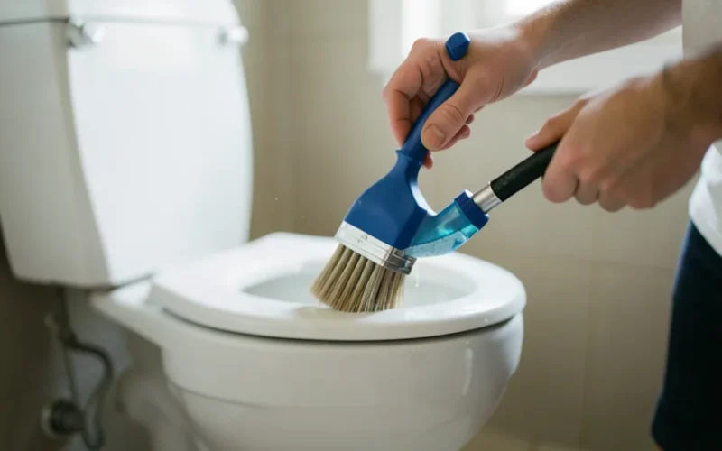 a toilet being cleaned with a brush and cleaner