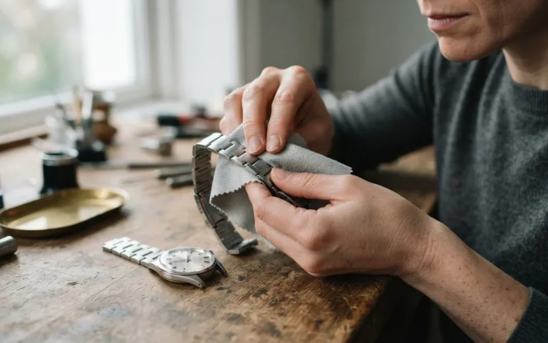 a person cleaning a watch strap with a cloth