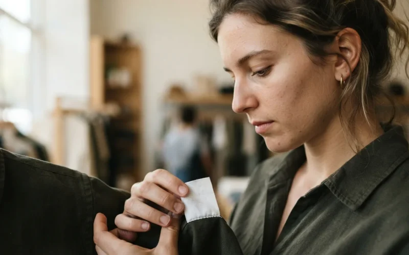 a person looking at a clothing label