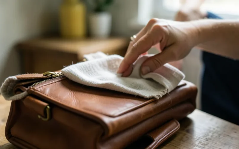 a person cleaning a leather handbag with a cloth and natural cleaner