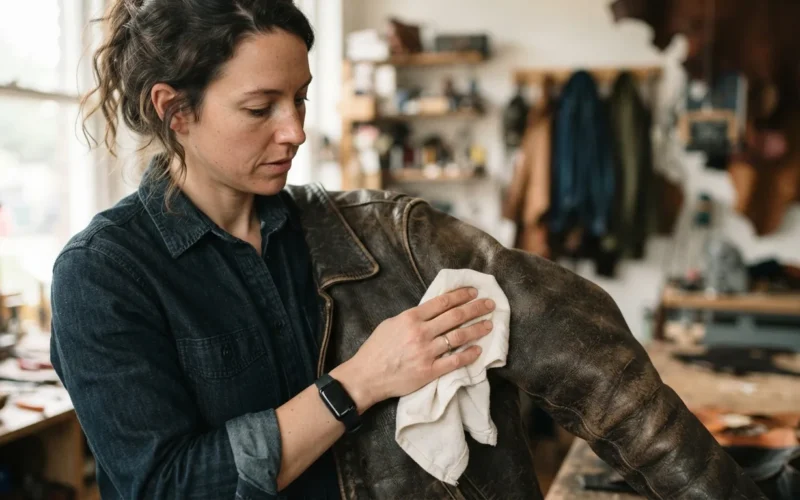 a person wiping a leather jacket with a cloth