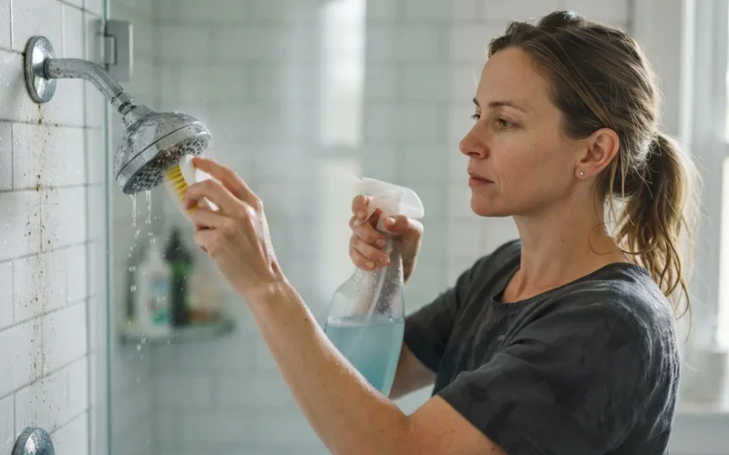 a person cleaning a shower head with a spray bottle