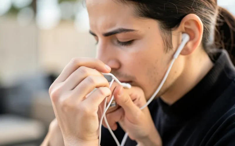 a person cleaning wireless earbuds or headphones