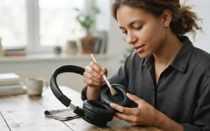 a person cleaning headphones with a small brush or cloth
