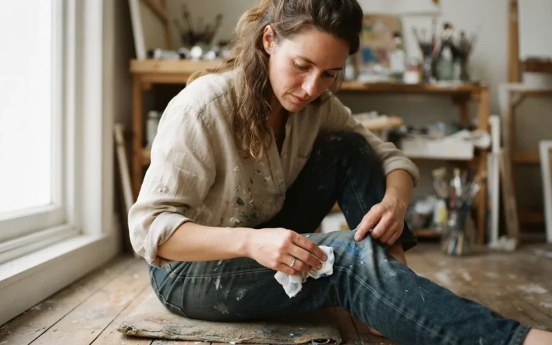 a person removing paint from fabric or trousers