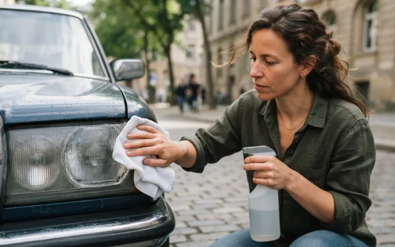 a person cleaning a car headlight with a cloth and spray