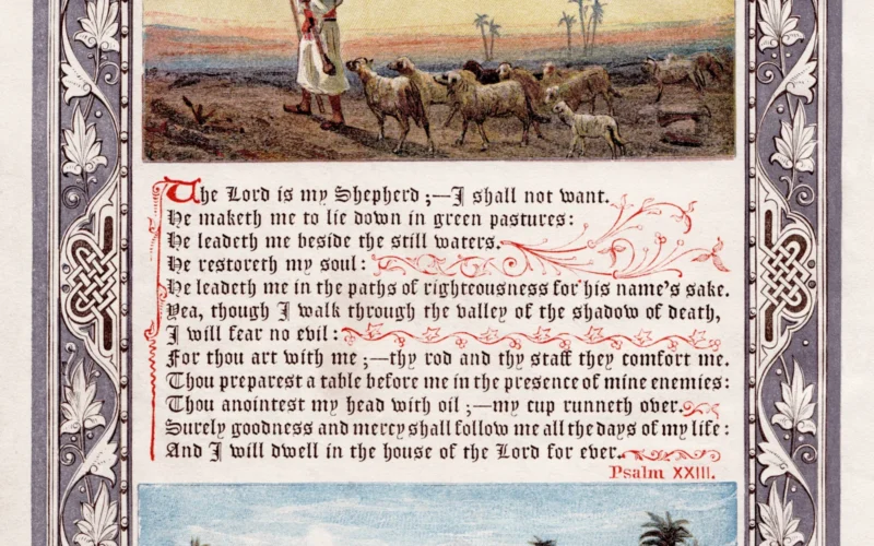 Psalm 23, King James Version An image of Psalm 23 (King James' Version), frontispiece to the 1880 omnibus printing of The Sunday at Home. Scanned at 800 dpi. Text: The Lord is my Shepherd;--I shall not want. He maketh me to lie down in green pastures: He leadeth me beside the still waters. He restoreth my soul: He leadeth me in the paths of righteousness for his name's sake. Yea, though I walk through the valley of the shadow of death, I will fear no evil: For thou art with me;--thy rod and thy staff they comfort me. Thou preparest a table before me in the presence of mine enemies: Thou anointest my head with oil;--my cup runneth over. Surely goodness and mercy shall follow me all the days of my life: And I will dwell in the house of the Lord for ever. PSALM XXIII