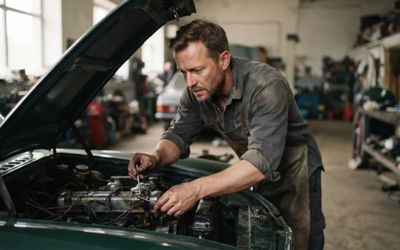 a mechanic in a garage inspecting a car