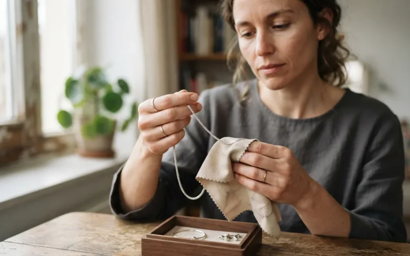 a person cleaning a silver necklace with a soft cloth